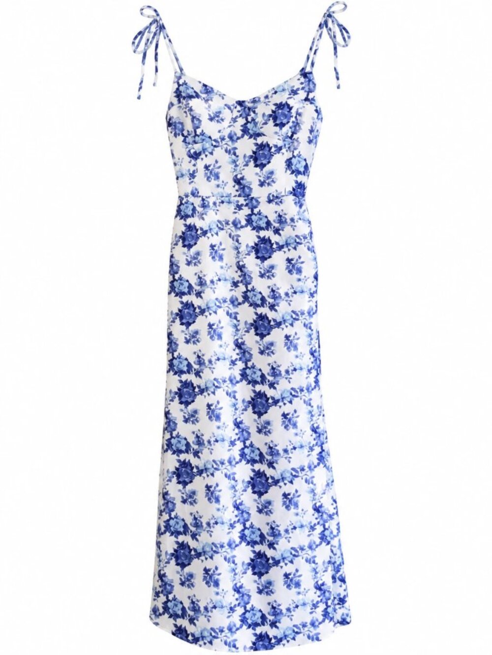 Cupshe Floral Midi Dress Womens Small Blue White Tie Strap Slit Cottagecore